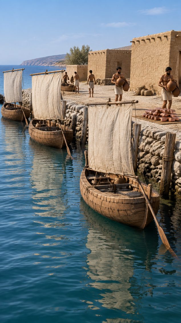 Bronze Age quay with sewn plank boats and a stack of copper-coloured ingots
