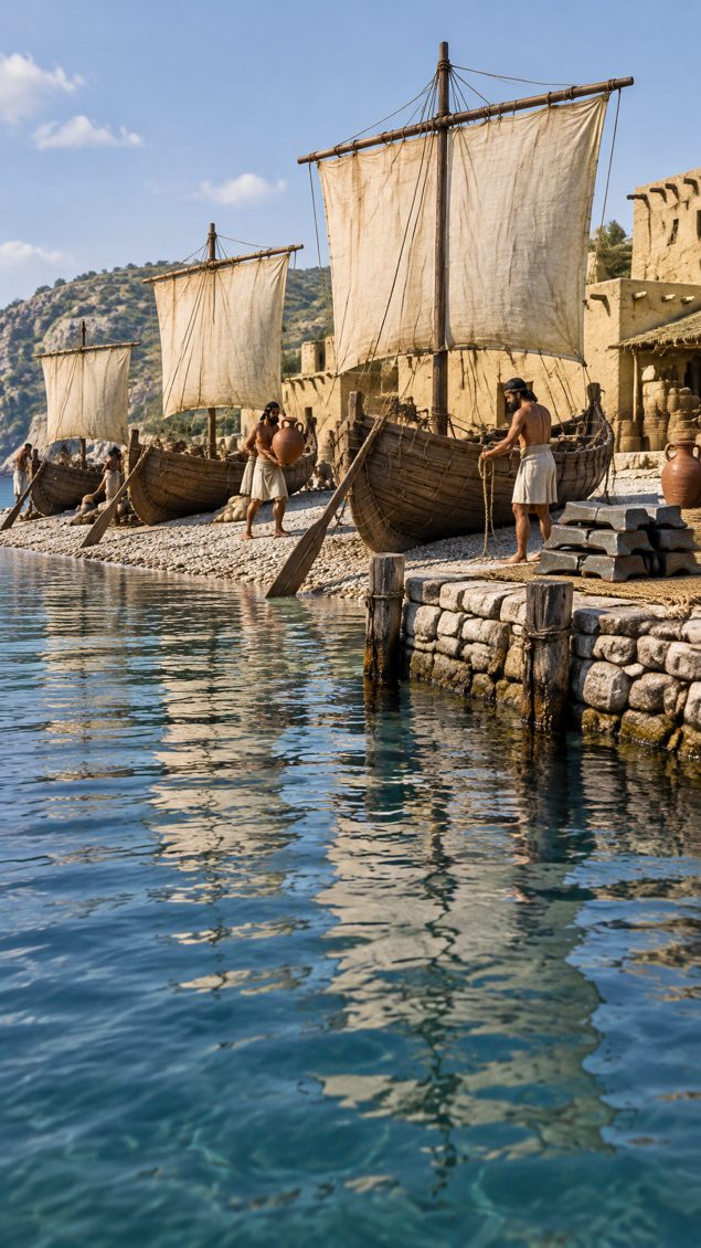 Bronze Age quay with boats and a stack of grey ingots with flared corners